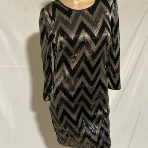 bebe Black and Gold Sequin Chevron Dress